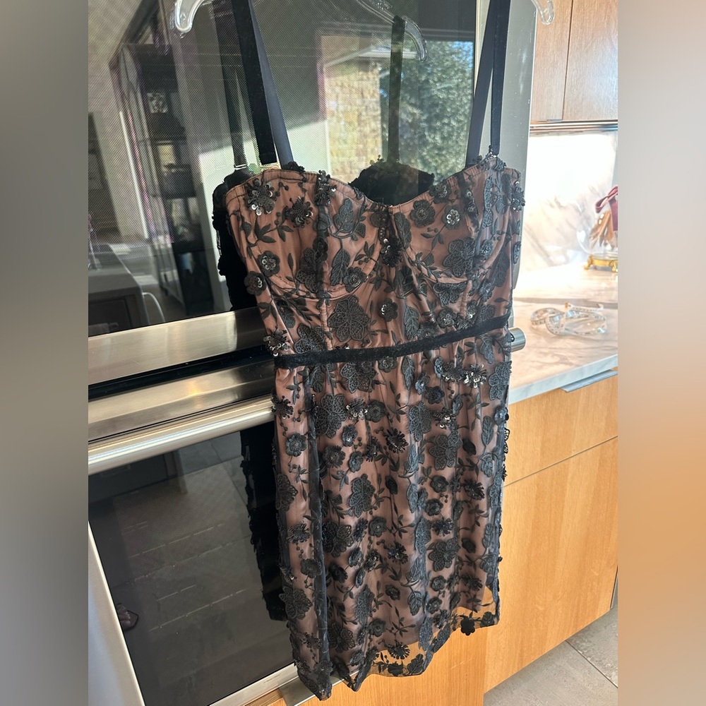 FOR LOVE & LEMONS Beatrice Strappy Mini Dress corset Black Floral Sequin Size M